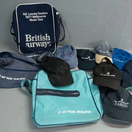 Assorted Air New Zealand and British Airways collectable caps and retro cabin bags - bags have some wear, staining and/
