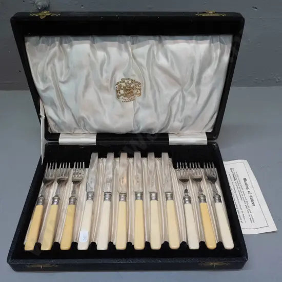 cased set of faux bone handled cutlery - case marked Humphries & Co / Haddon Sheffield - some variation in handle colour