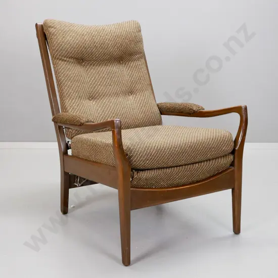 retro mahogany "Cintique" New Zealand-made open-armed button-back upholstered chair. Arms have different fabric, some