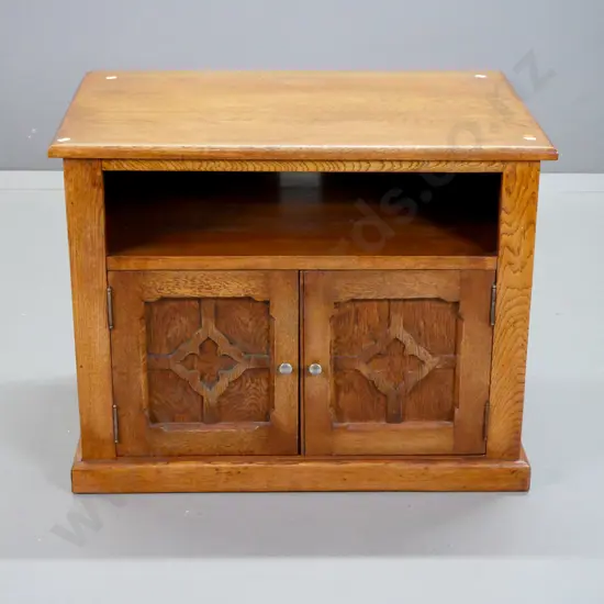 oak small 2-door entertainment unit made with vintage cupboard panelled doors with applied decoration, metal knob