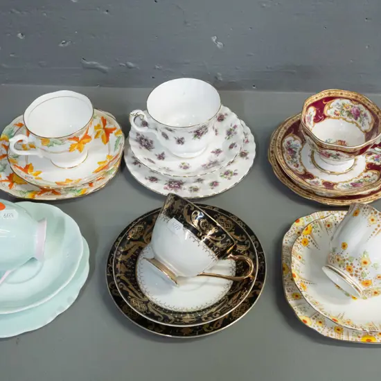 6 bone china trios - 5 Royal Albert and 1 Imoto Japanese black & white with gilt