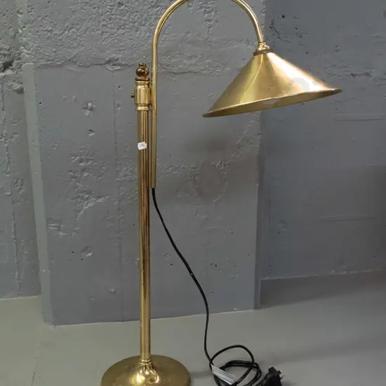 brass table lamp with conical shade and swan neck stem - some scratches on shade and base H-690 Shade D-220