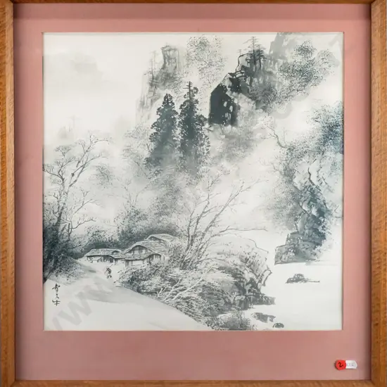 framed Japanese print - houses and mountain scene H-405 W-405