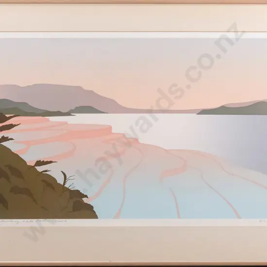 Malcolm Warr '86 - framed screenprint "Pink Terrace Sanctuary, Lake Rotomahana H-360 W-750