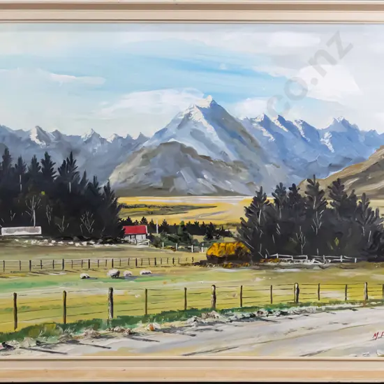 M Finnerty '70, framed oil on board - mountain & farmland scene H-570 W-880