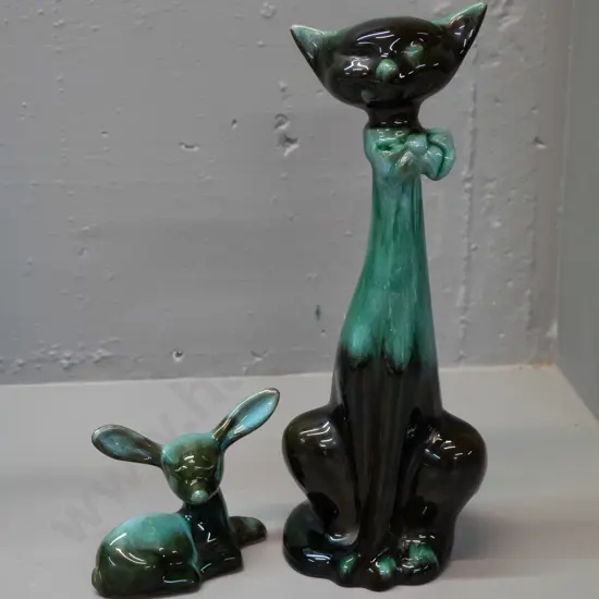Blue Mountain Pottery teal glaze figures - sitting cat H-330 and fawn