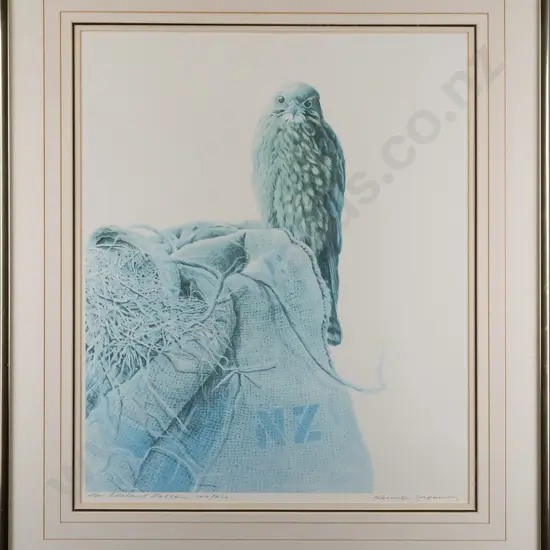 Merilyn Jaquiery, framed ltd edition print 140/250 "NZ Falcon" H-530 W-430 (Fading)
