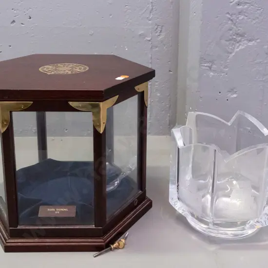 1978 Kosta Boda limited edition 42/375 ship bowl in fitted hexagonal glazed timber case. Case H-275 W-320