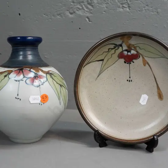 2 pieces of Neil Grant studio pottery - fuschia pattern vase H-190 and side plate