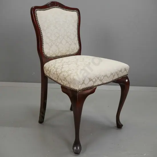 mahogany bedroom chair with close-studded damask upholstered seat and back - some wear to seat H-800 W-450 D-410
