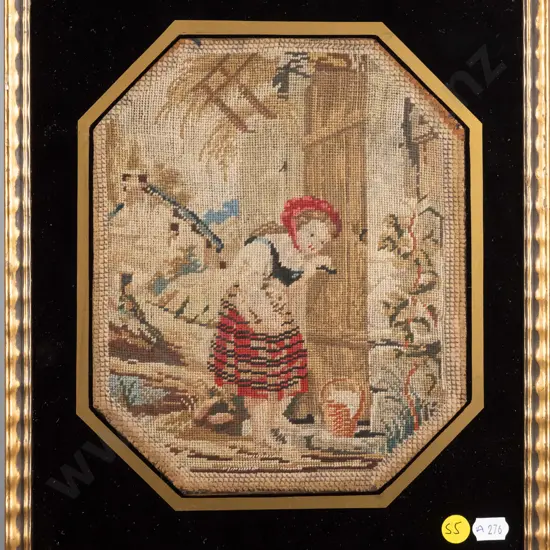 vintage gilt framed needlework - girl by doorway H-220 W-180