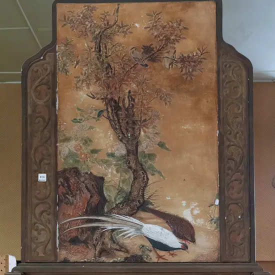 vintage large firescreen with moulded plaster decoration and hand-painted plaster centre panel over plywood backing,