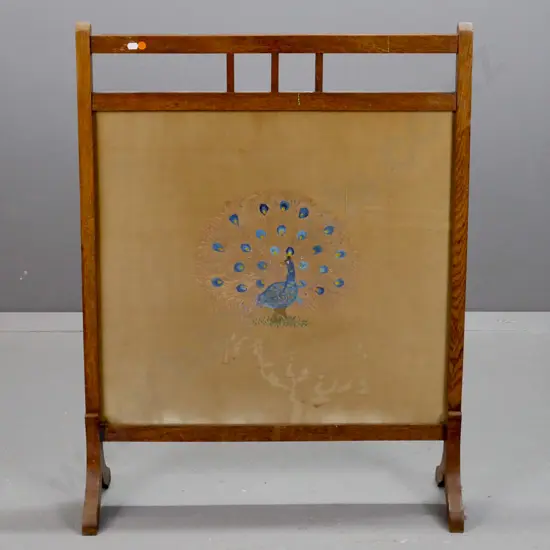 vintage oak fire screen with painted peacock-motif panel under glass - some water staining to frame and fabric, some