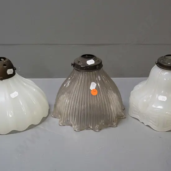 3 vintage glass ceiling light shades with brass journals, one is ribbed clear glass H-150 D-170 & 2 are milk glass