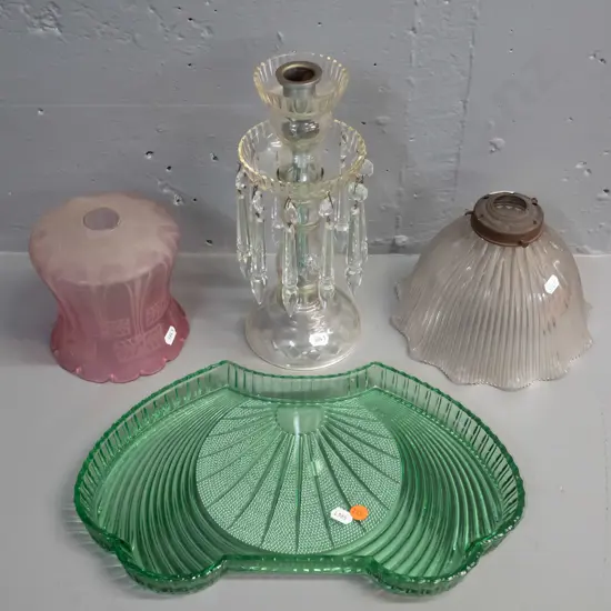 deco depression glass tray, a glass candle holder with lustres H-280 D-120 and 2 vintage glass light shades, one with