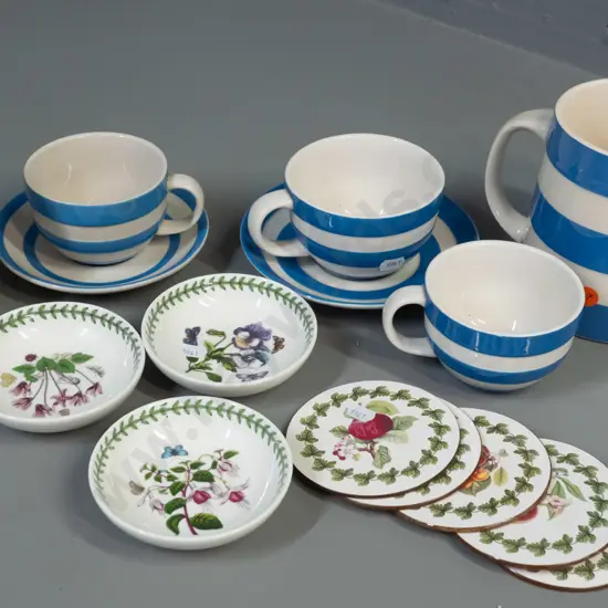 Cornish ware large milk jug, 2 cups & saucers and spare cup and Portmeirion pot with timber lid, 3 small dishes and 5