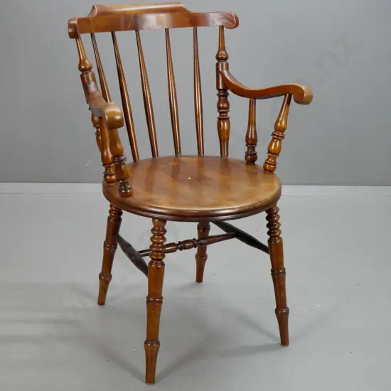 vintage beech open-arm carver chair with round seat, spindle back, turned legs & stretcher base, Ibex brand label under
