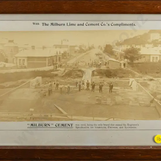 framed vintage Muir & Moodie Dunedin photograph "Milburn" Cement H-150 W-420 (fading)