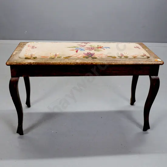 vintage oak rectangular cab-leg bench with floral tapestry upholstered top - water staining, lose leg, stains to fabric