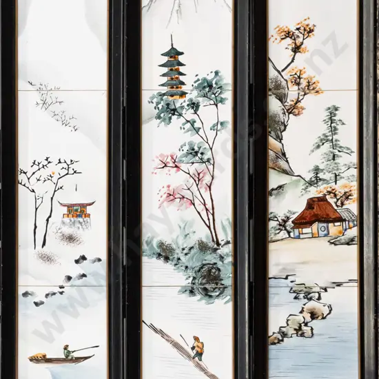 3x framed vintage Japanese tile artworks Each H-190 W-100 (slight damage to frames)