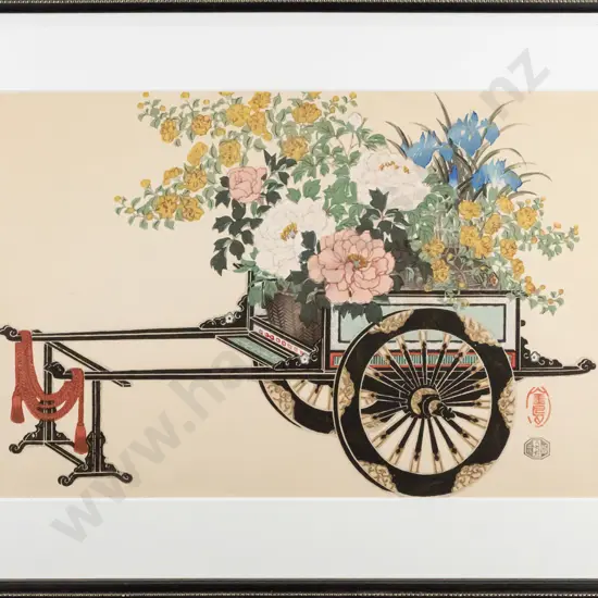 framed Kin-u Takeshita woodblock print - flower cart H-245 W-380 (very slight foxing)