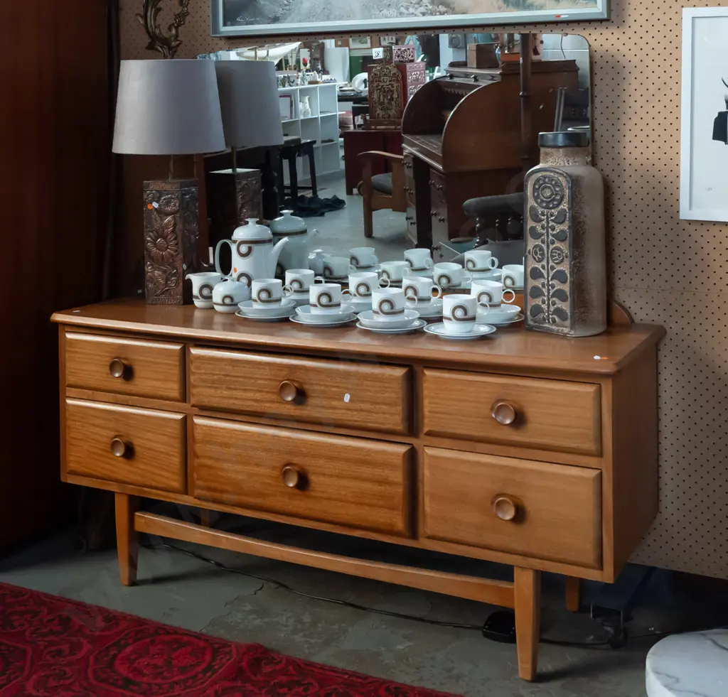 mid-century mahogany low 6-drawer mirror-back dresser with inset wooden knobs, stretcher base, with Nee's Image 1++