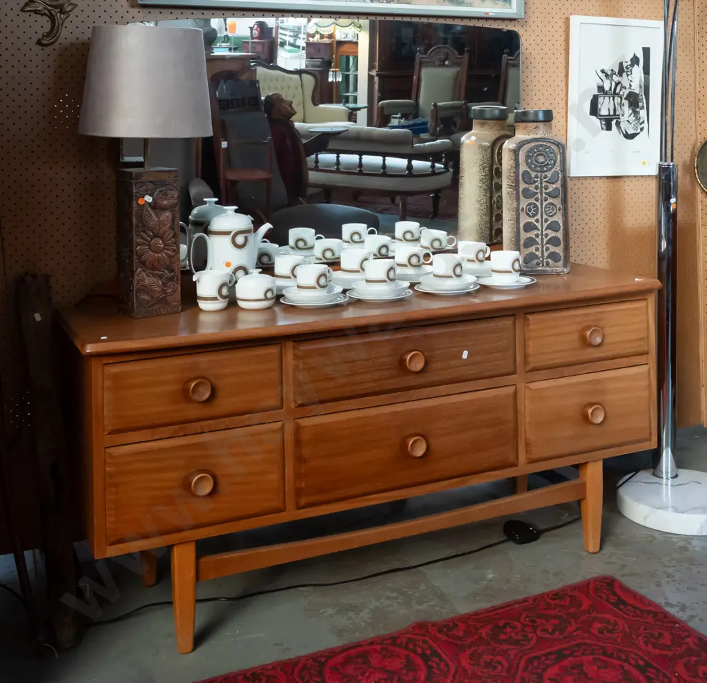 mid-century mahogany low 6-drawer mirror-back dresser with inset wooden knobs, stretcher base, with Nee's Image 1++