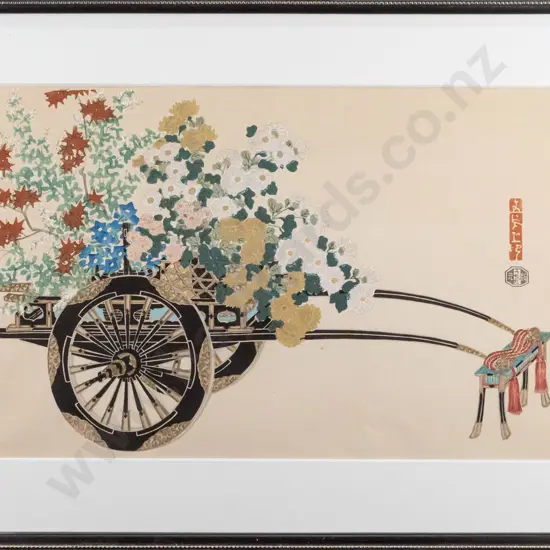 framed Kin-u Takeshita woodblock print - flower cart H-245 W-380 (very slight foxing)