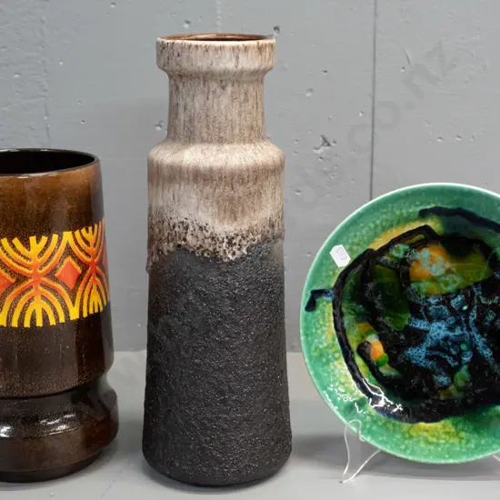 German pottery lava vase H-325 and 2 pieces of Poole pottery - Aegean vase and Poole Studio plate. German vase has small