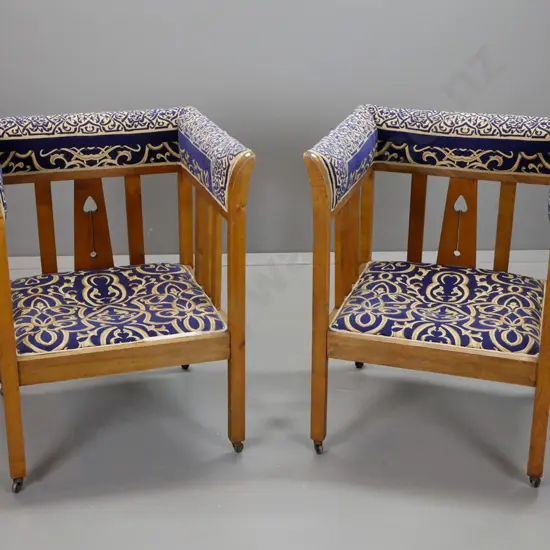 pair of oak and beech arts & crafts style chairs w/slatted sides, shaped & pierced back splat, blue & gold fabric on
