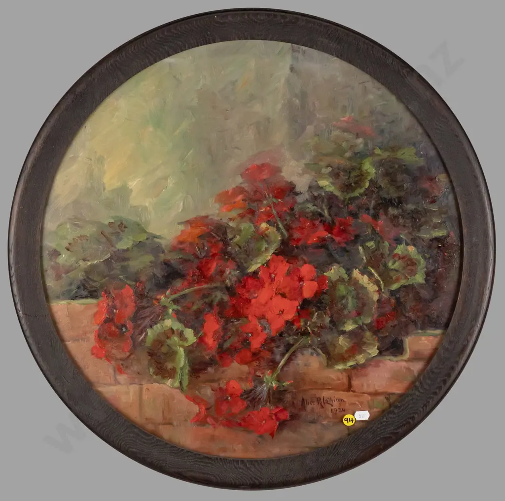 Alice R Lothian 1924 - framed oil on board - flowers on brick wall Diam490 Image 1++