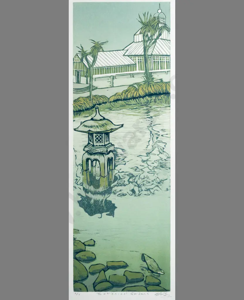 Manu Berry - framed wood block print 5/5 "Botanical gardens" H560 W190 Image 1++