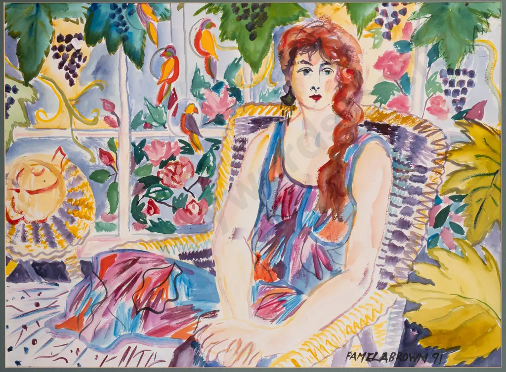 Pamela Brown '91 - framed watercolour - female portrait H540 W740 Image 1++