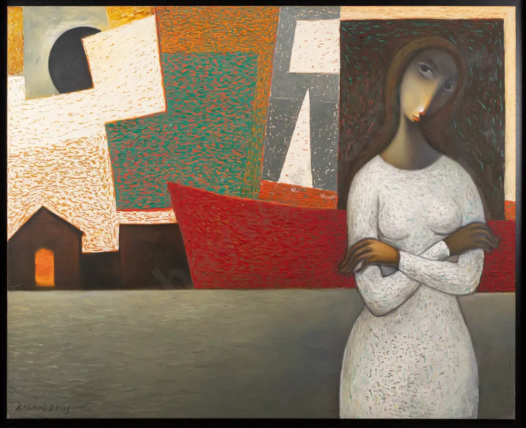 Vijay Belgave 2001 -framed oil on canvas - untitled picture featuring woman H11020 W1370 Image 1++