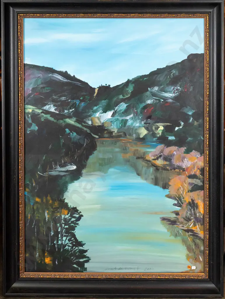 Janet de Wagt  2001 - framed acrylic - Lake & landscape scene H990 W690 Image 1++