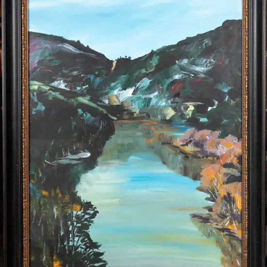 Janet de Wagt  2001 - framed acrylic - Lake & landscape scene H990 W690