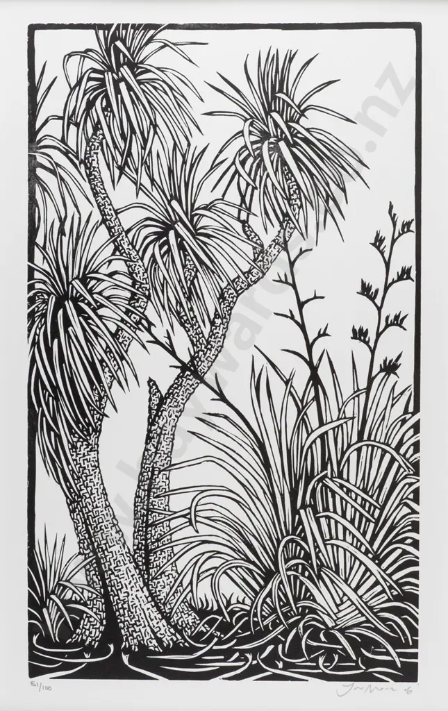 Jono More 06 - wood block print 51/100 - "Cabbage Tree" H440 W260 Image 1++