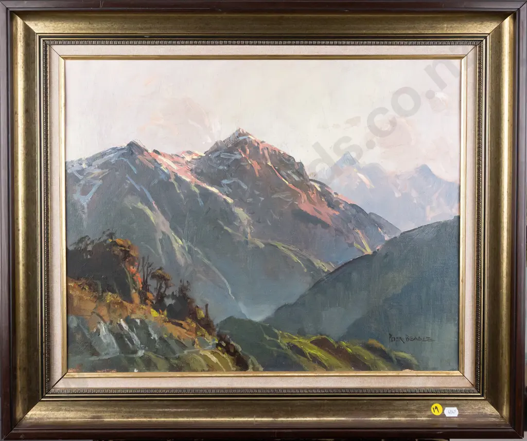 Peter Beadle 1985 - framed oil on board "Heath Mountains and Grebe Valley" H390 W500 Image 1++