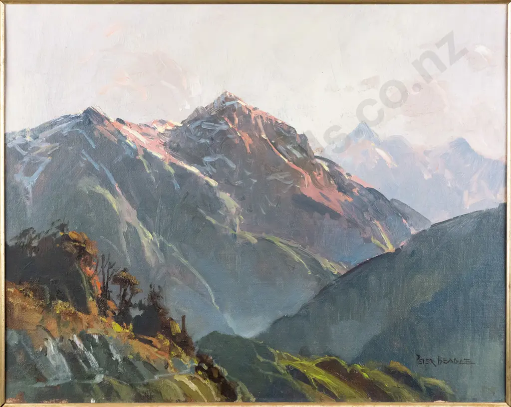 Peter Beadle 1985 - framed oil on board "Heath Mountains and Grebe Valley" H390 W500 Image 1++