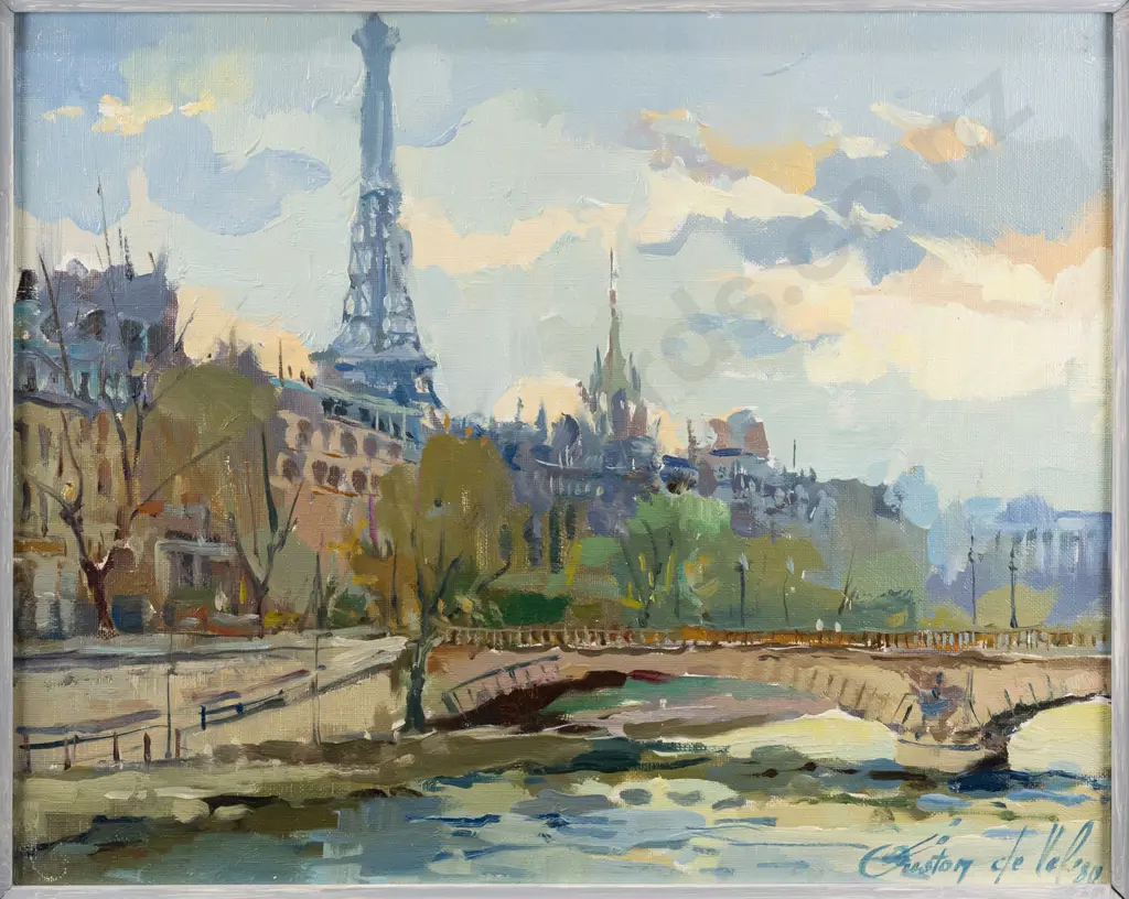 Gaston De Vel '80 - framed oil on board "Seine & Eiffel Tower - Paris" H320 W390 Image 1++