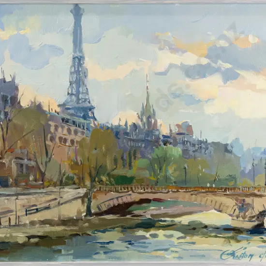 Gaston De Vel '80 - framed oil on board "Seine & Eiffel Tower - Paris" H320 W390