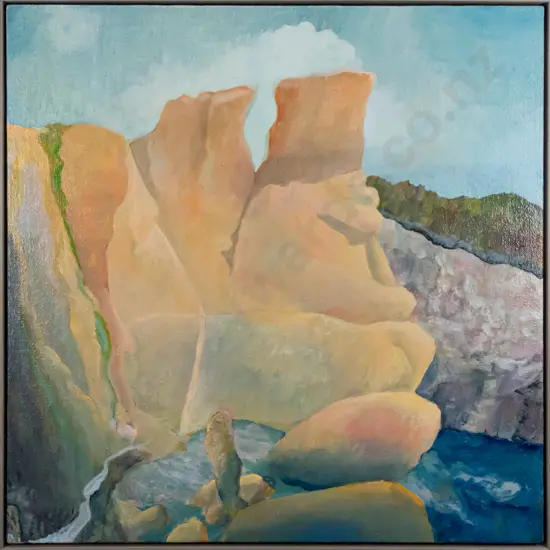 Rodney Hamel 2021 - framed oil on hessian "Tunnel Beach VII" H1000 W1000