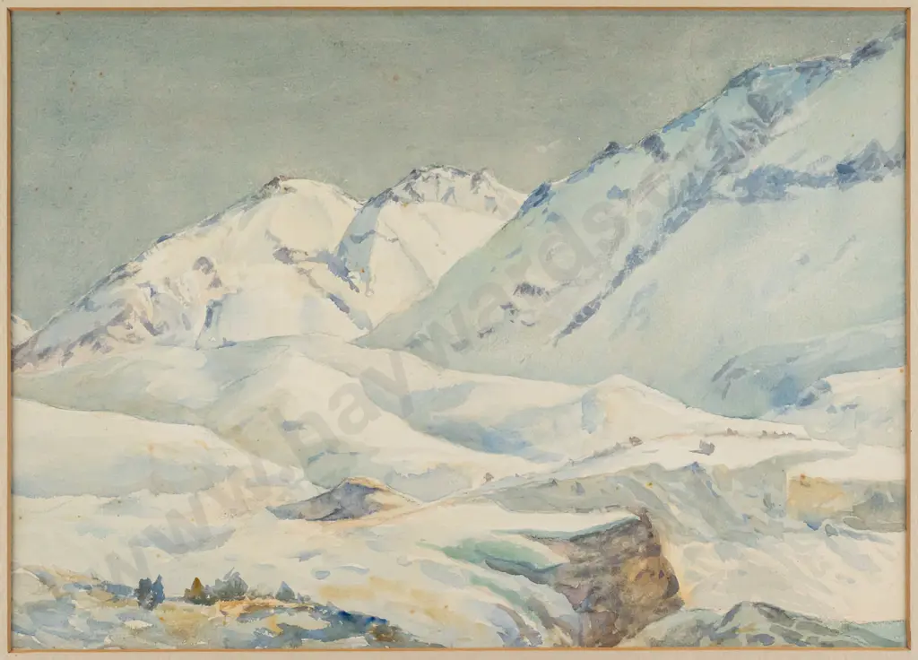 EW Christmas - framed watercolour 1910 - snowy landscape H260 W360 (foxing) Image 1++