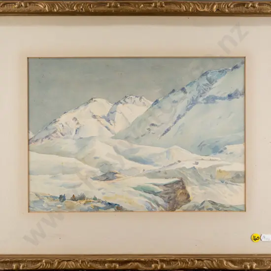 EW Christmas - framed watercolour 1910 - snowy landscape H260 W360 (foxing)