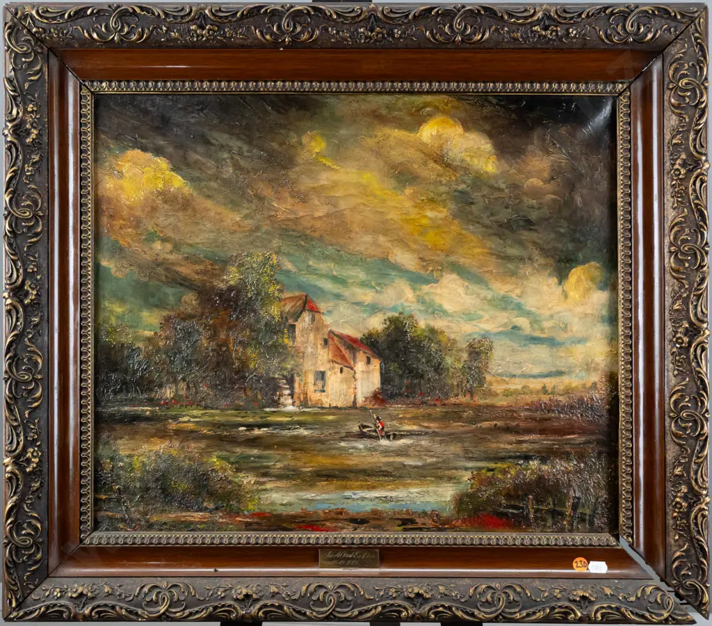 Sir Alfred East 1849-1913 - framed oil on canvas - soldier rowing boat by mill house H420 W500 (frame needs attention) Image 1++