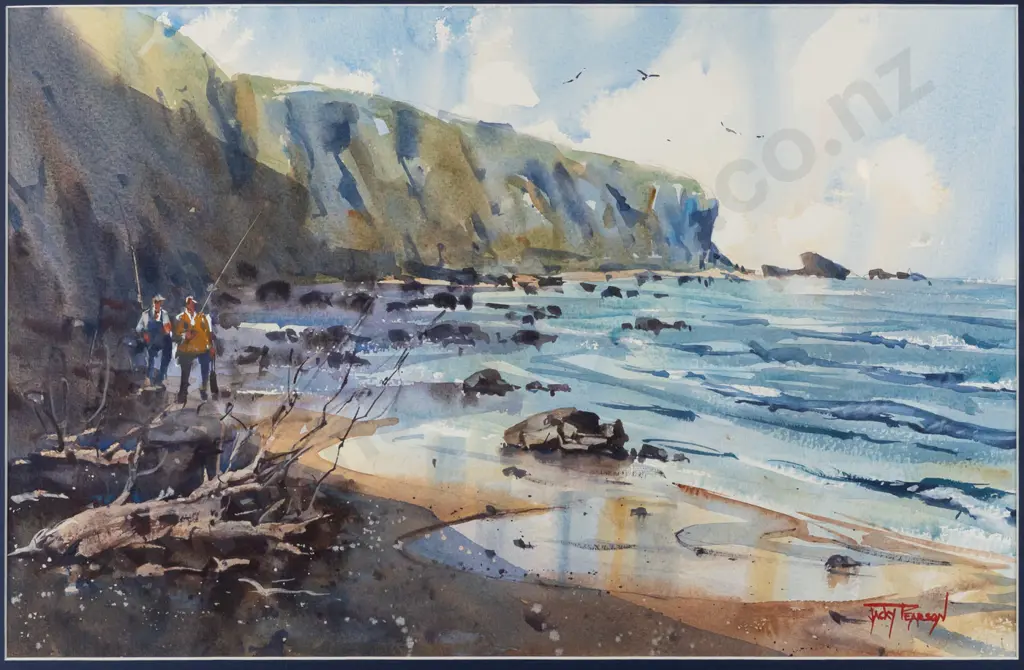 Jacky Pearson - framed watercolour - fishing coastal scene H310 W480 Image 1++