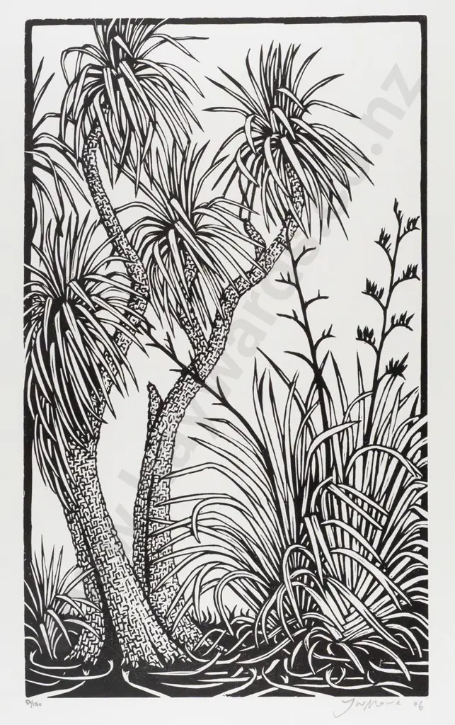 Jono More 06 - wood block print 50/100 - "Cabbage Tree" H440 W260 Image 1++