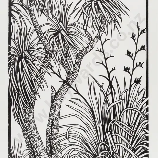 Jono More 06 - wood block print 50/100 - "Cabbage Tree" H440 W260