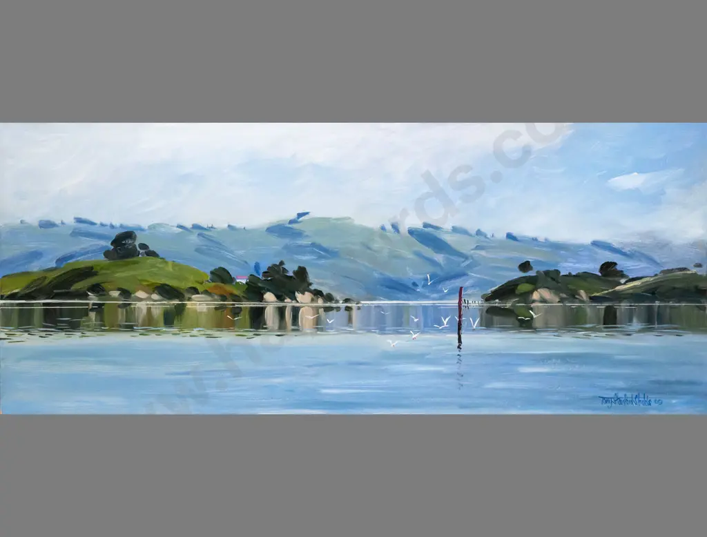 Tony Stanford Shields '09 - oil on board - Otago Harbour, Quaratine Island H450 W1110 Image 1++