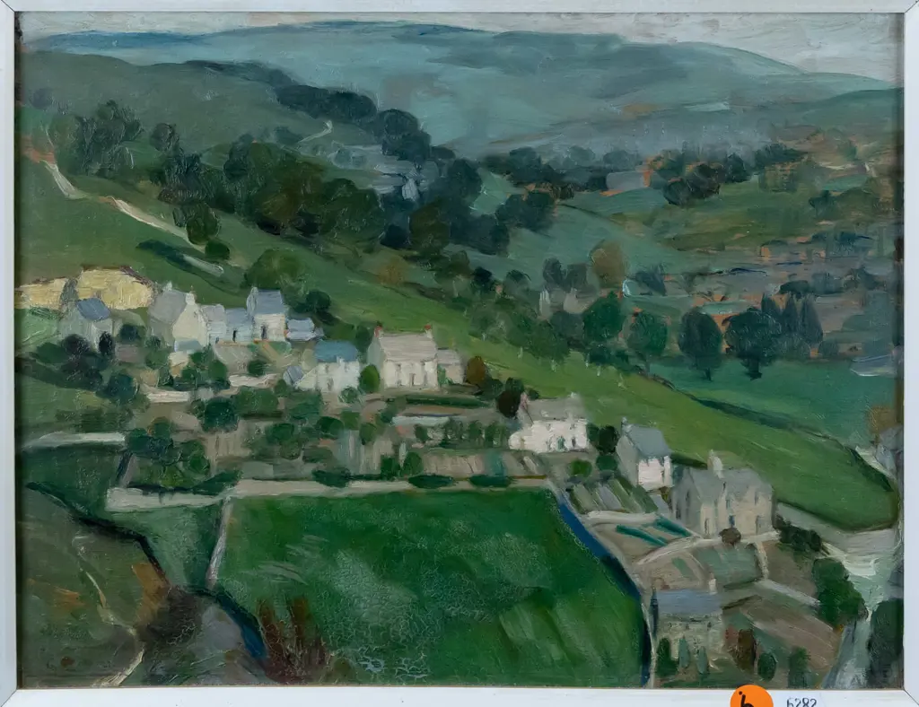 Gertrude Leese - framed oil - houses and landscape H220 W280 Image 1++